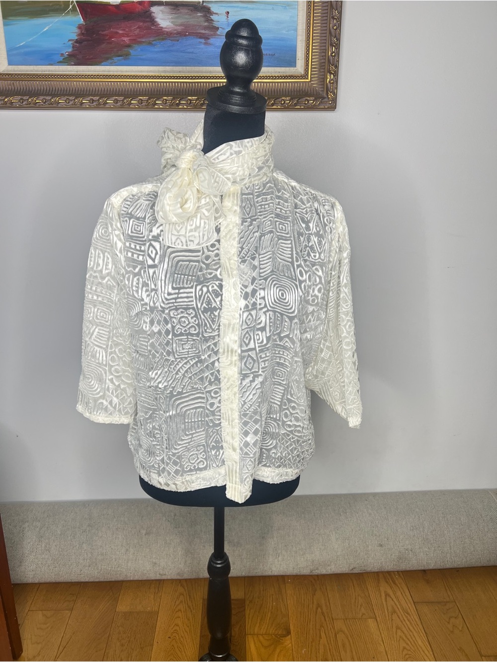 Vintage Jerri Sherman garment 
Ivory lace blouse with tie neck and 3/4 sleeves.